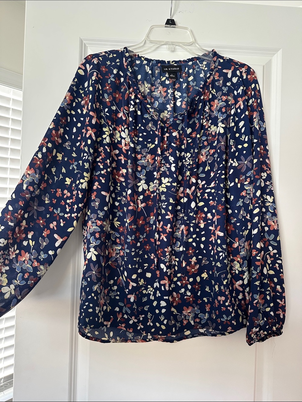 I.N. Studio Navy Floral Long-Sleeve Blouse with Pink & Cream Accents